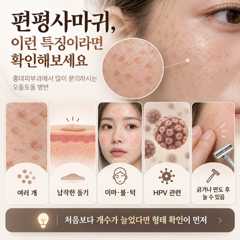 Phòng khám Da liễu Hongdae: Phân biệt mụn cóc phẳng, u ống tuyến mồ hôi và dày sừng tiết bã sần sùi trên mặt